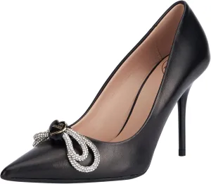 Love Moschino Women's Black Leather 100mm Pumps with Rhinestone Bow (Black, US Footwear Size System, Adult, Women, Numeric, Medium, 10)