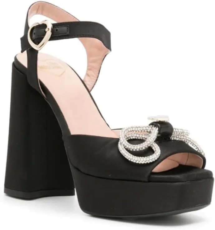 Love Moschino Women's Black Satin Rhinestone Bow Block Heel Sandals Shoes (Black, US Footwear Size System, Adult, Women, Numeric, Medium, 6)