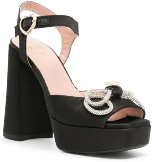 Love Moschino Women's Black Satin Rhinestone Bow Block Heel Sandals Shoes (Black, US Footwear Size System, Adult, Women, Numeric, Medium, 9)