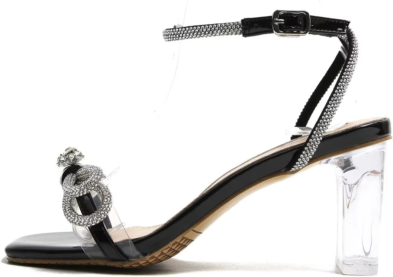 LUXINYU Women's High Heeled Sandals Sparkling Rhinestone Tassel Ankle Strap Chunky Heels Wedding Bridal Crystal Shoes Evening Prom Dress Heels