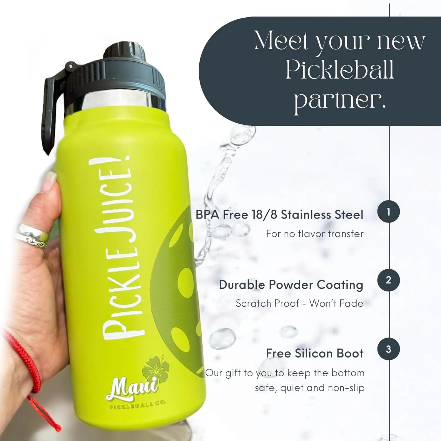 Maui Pickleball Co. Insulated Stainless Steel 32oz Pickleball Gift Bottle with Funny 'Get Pickled Swig' Lid