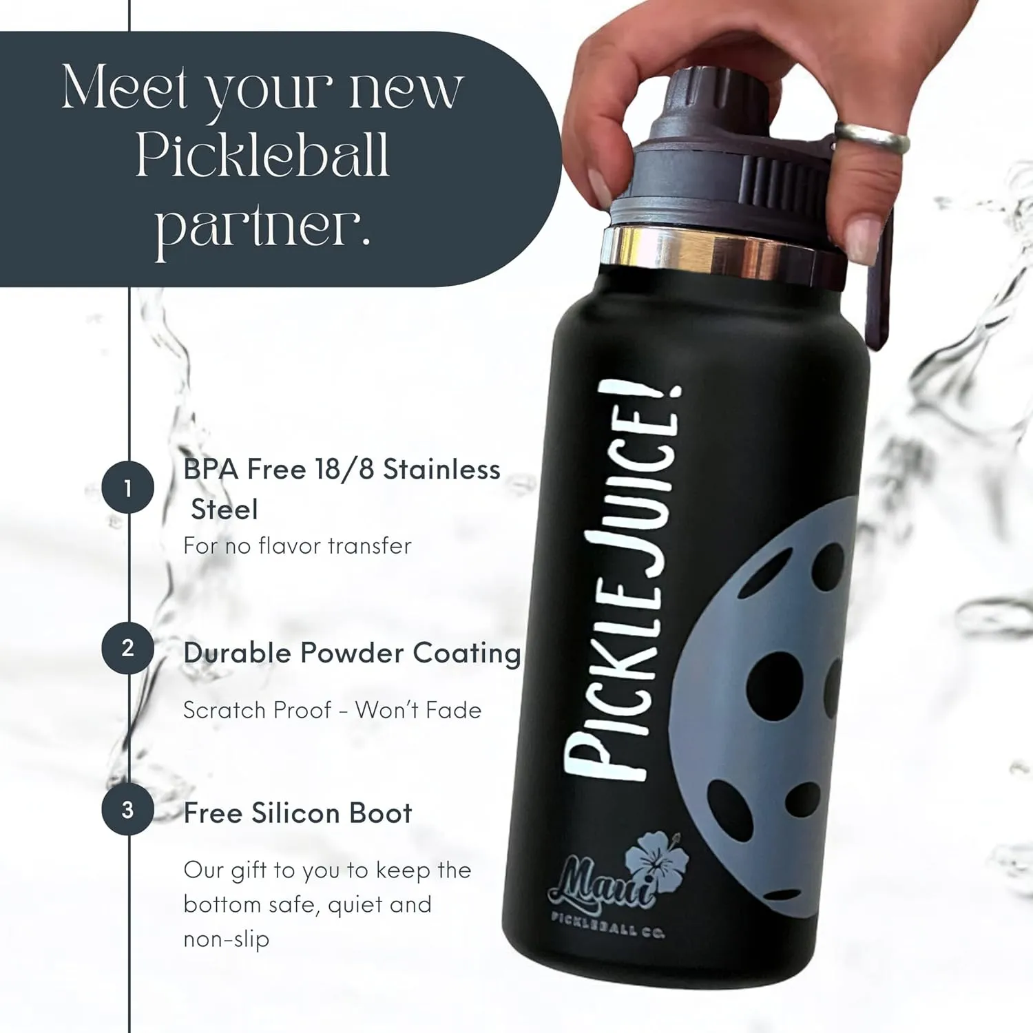 MAUI PICKLEBALL CO.™ Pickleball Water Bottle 32oz Insulated Stainless Steel Water Bottle PickleBall Accessories Pickleball Gifts SWIG Lid with Carry Handle