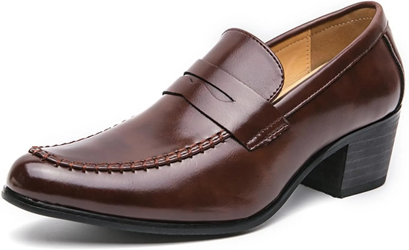 Men's Leather Block Mid-Heel Slip-On Formal Loafers Shoes Retro Handmade Pointed Chunky Heel Non-Slip Slip On Low Top Business Chelsea Oxford Shoes for Work Party Wedding Office