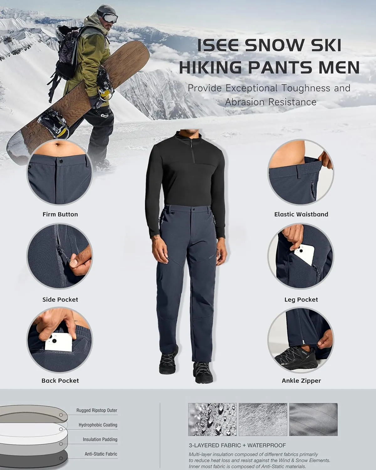Mens Snow Ski Hiking Pants Winter Fleece Lined Outdoor Waterproof Insulated Zipper Bottom Leg
