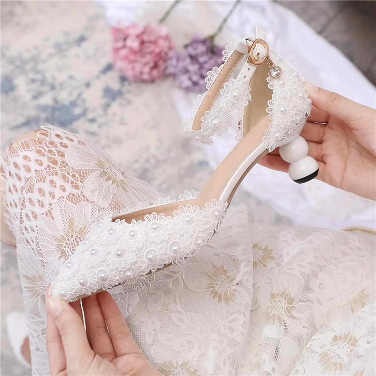 Minishion Low Heel Wedding Pumps Comfortable Bridal Shoes