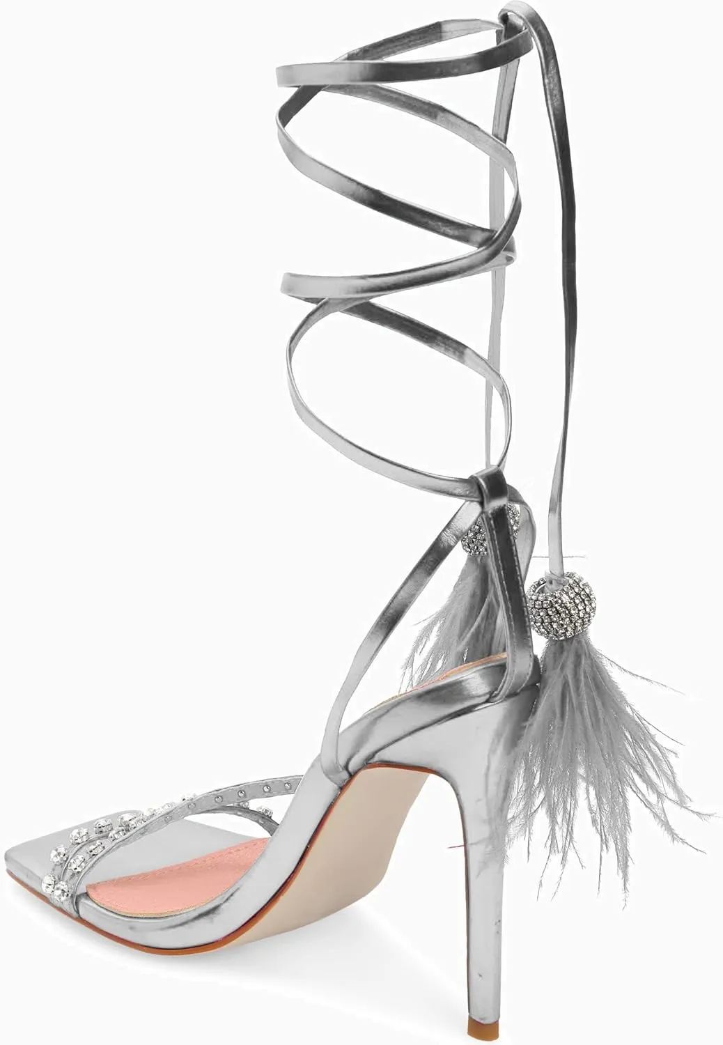 MissHeel Lace Up Strappy Heels with Rhinestones Feather pendant