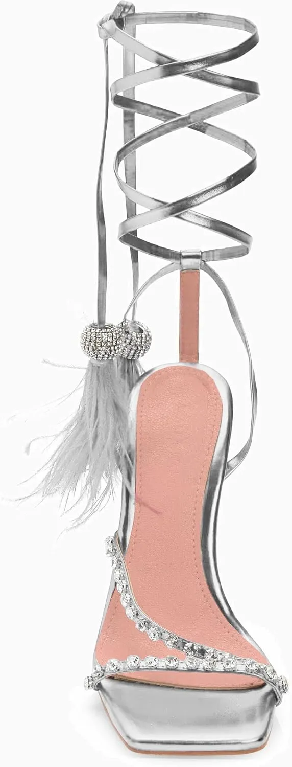 MissHeel Lace Up Strappy Heels with Rhinestones Feather pendant