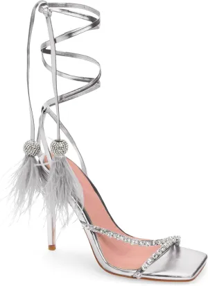 MissHeel Lace Up Strappy Heels with Rhinestones Feather pendant