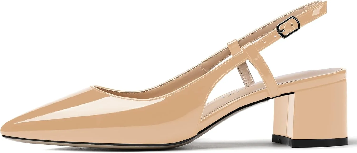 MODENCOCO Women's Cut Out Patent Ankle Strap Pointed Toe Slingback Chunky Low Heel Pumps Office Dress Shoes 2 Inch
