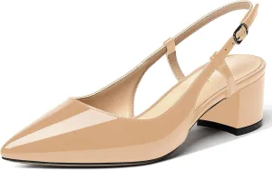 MODENCOCO Women's Cut Out Patent Ankle Strap Pointed Toe Slingback Chunky Low Heel Pumps Office Dress Shoes 2 Inch