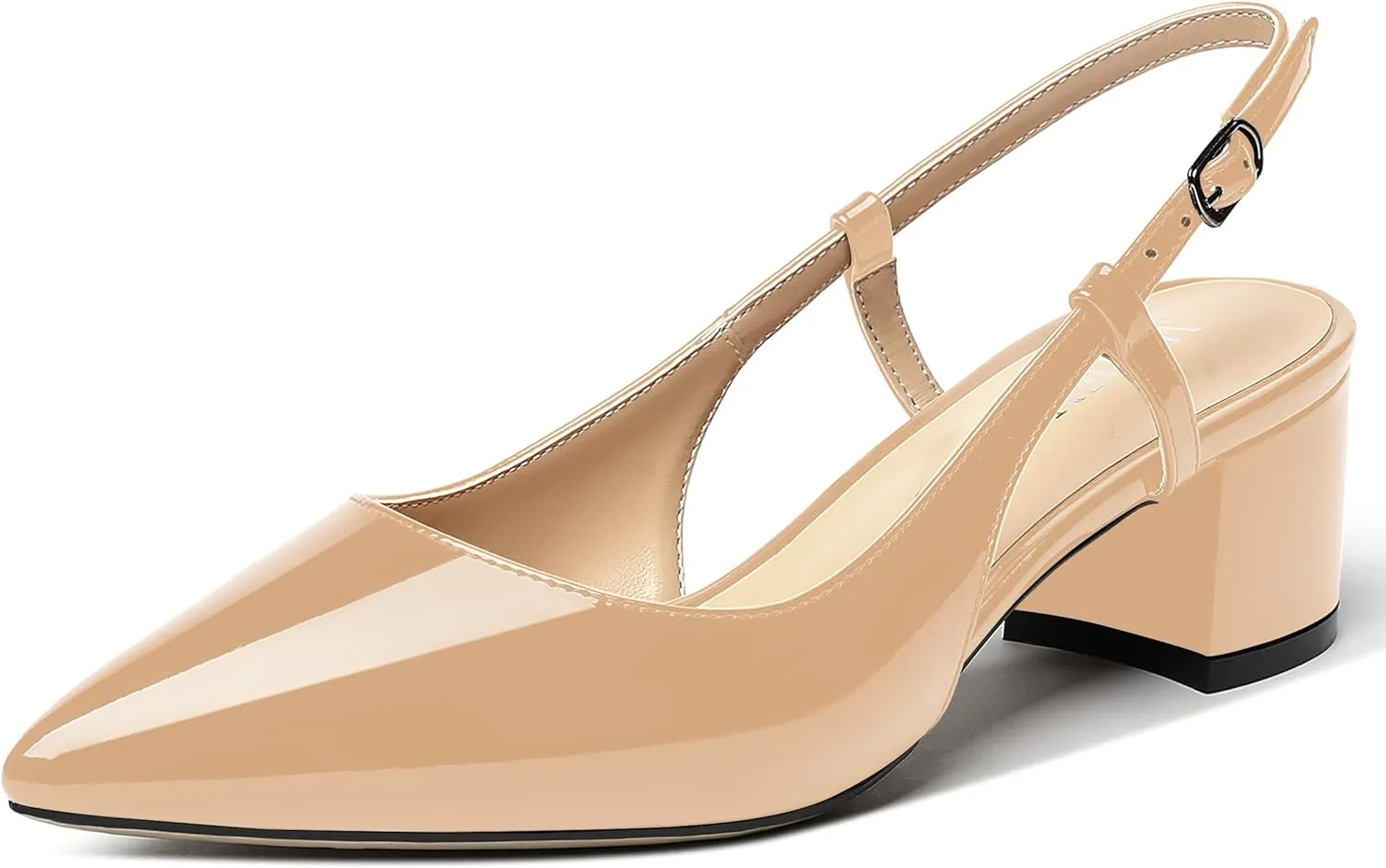 MODENCOCO Women's Cut Out Patent Ankle Strap Pointed Toe Slingback Chunky Low Heel Pumps Office Dress Shoes 2 Inch
