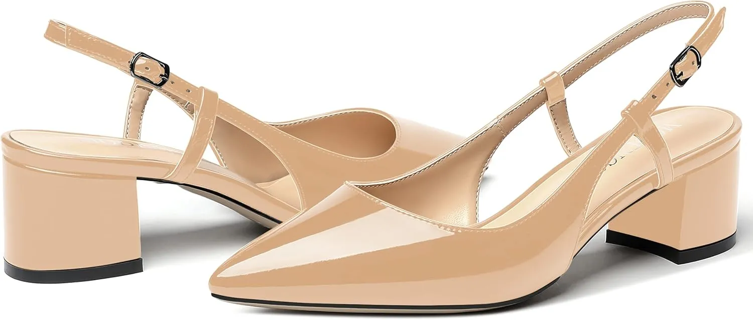 MODENCOCO Women's Cut Out Patent Ankle Strap Pointed Toe Slingback Chunky Low Heel Pumps Office Dress Shoes 2 Inch
