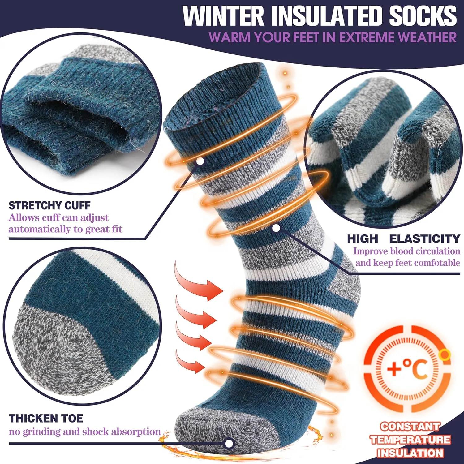 MOGGEI 3 Pairs Thermal Warm Socks for Men & Women Thick Winter Extra Warm Insulated Boot Ski Socks for Cold Weather