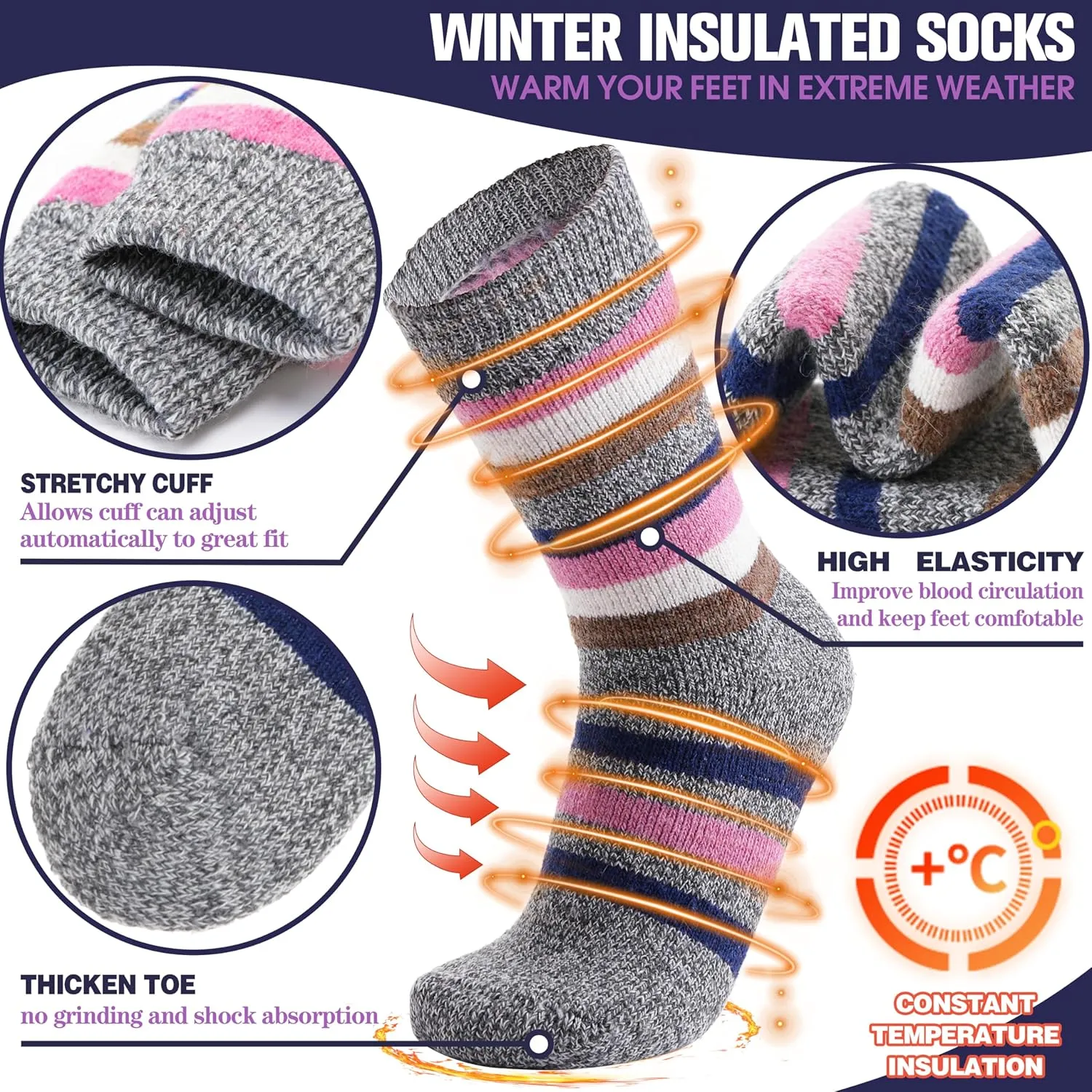 MOGGEI 3 Pairs Thermal Warm Socks for Men & Women Thick Winter Extra Warm Insulated Boot Ski Socks for Cold Weather