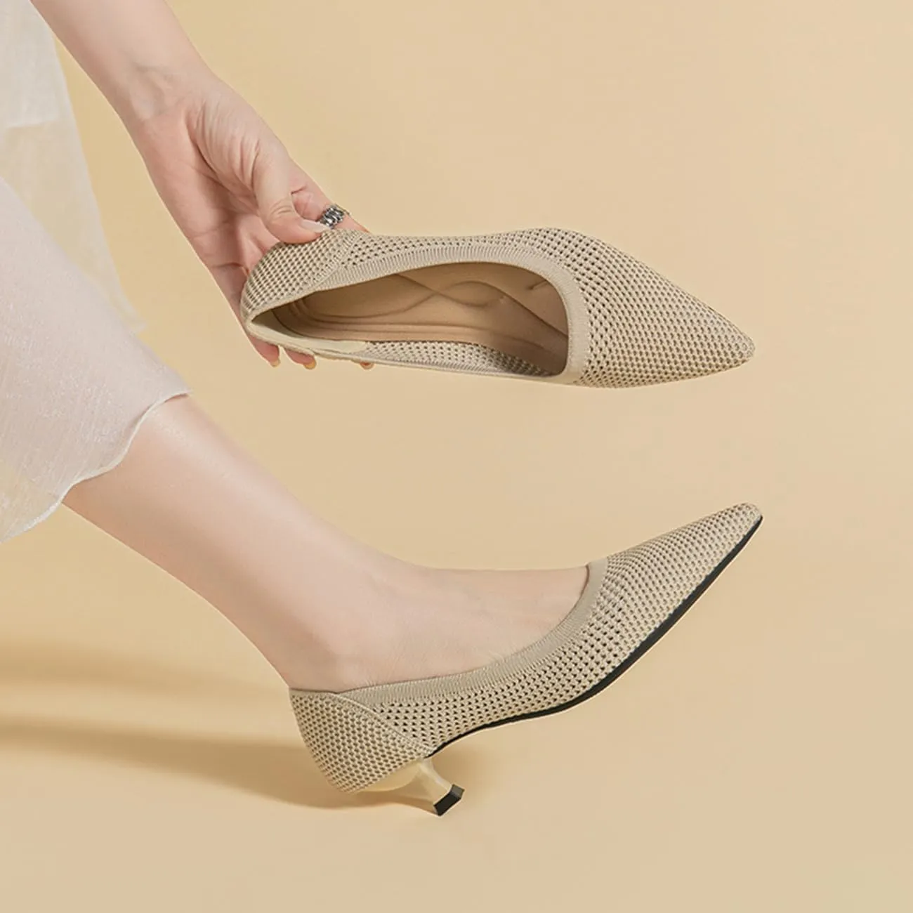 MRKEWUNEY Casual Knit Kitten Heel Pumps fo Women Classic Woven Low Heel