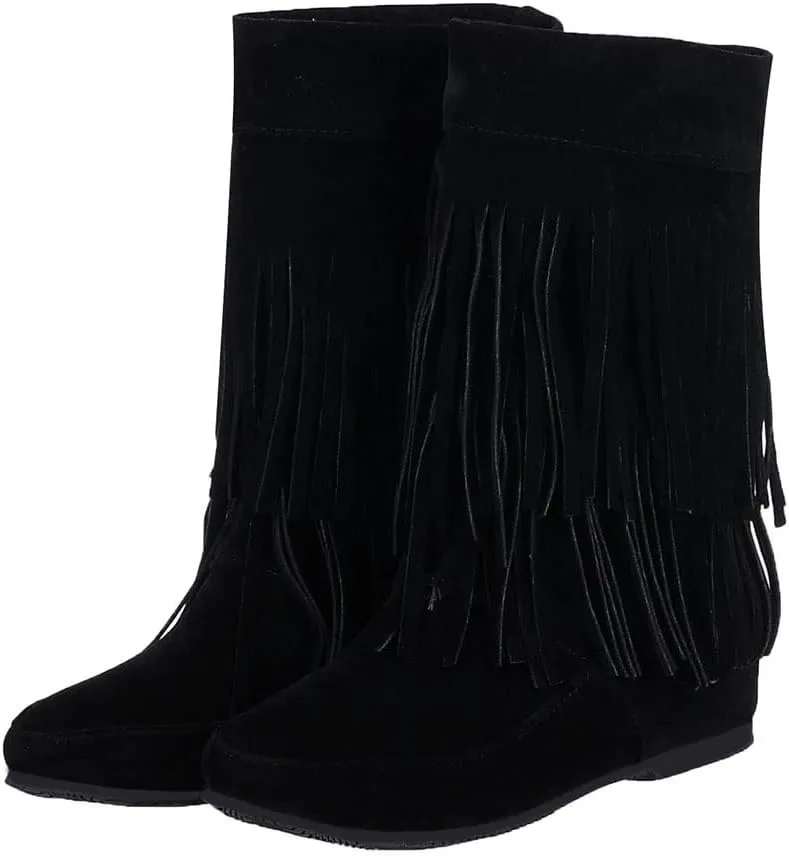 MRKEWUNEY Casual Womens Tassel Booties Low Heel Moccasin Boots