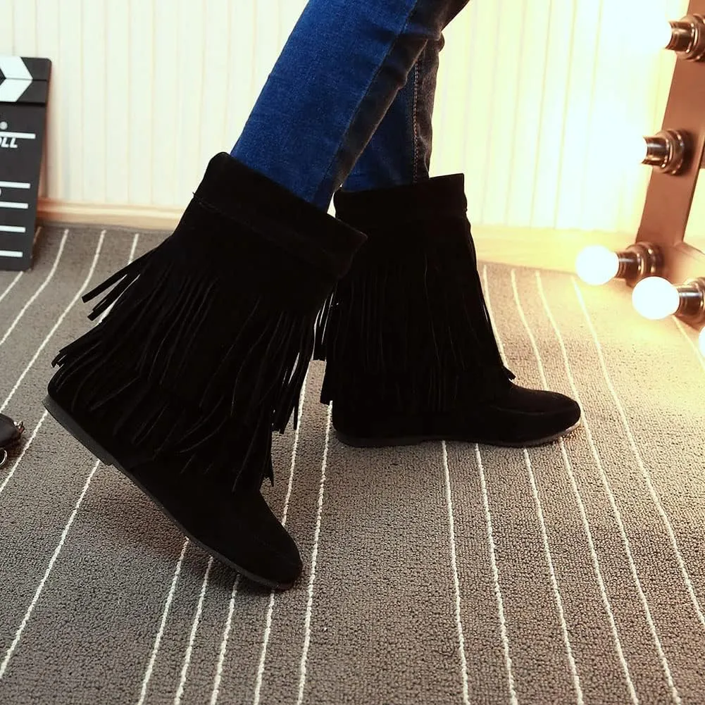 MRKEWUNEY Casual Womens Tassel Booties Low Heel Moccasin Boots