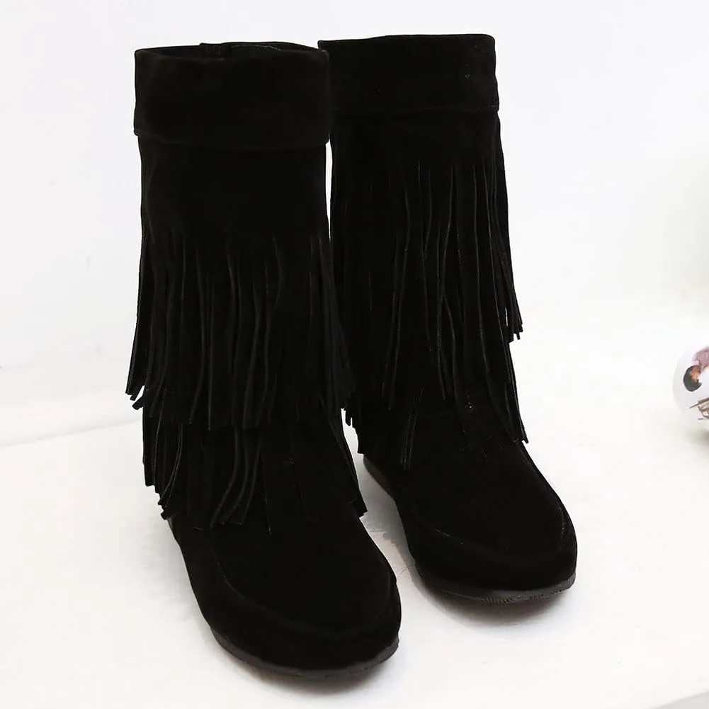MRKEWUNEY Casual Womens Tassel Booties Low Heel Moccasin Boots