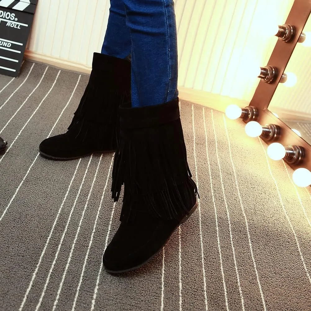 MRKEWUNEY Casual Womens Tassel Booties Low Heel Moccasin Boots