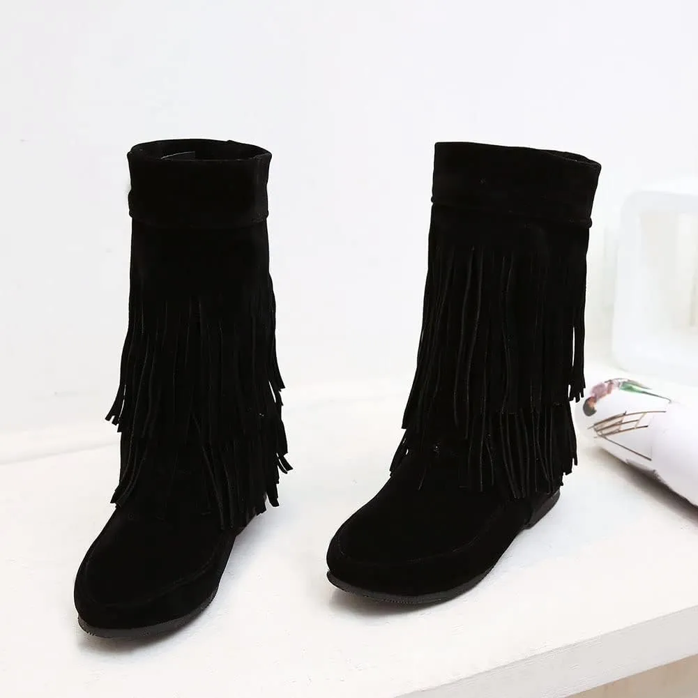 MRKEWUNEY Casual Womens Tassel Booties Low Heel Moccasin Boots