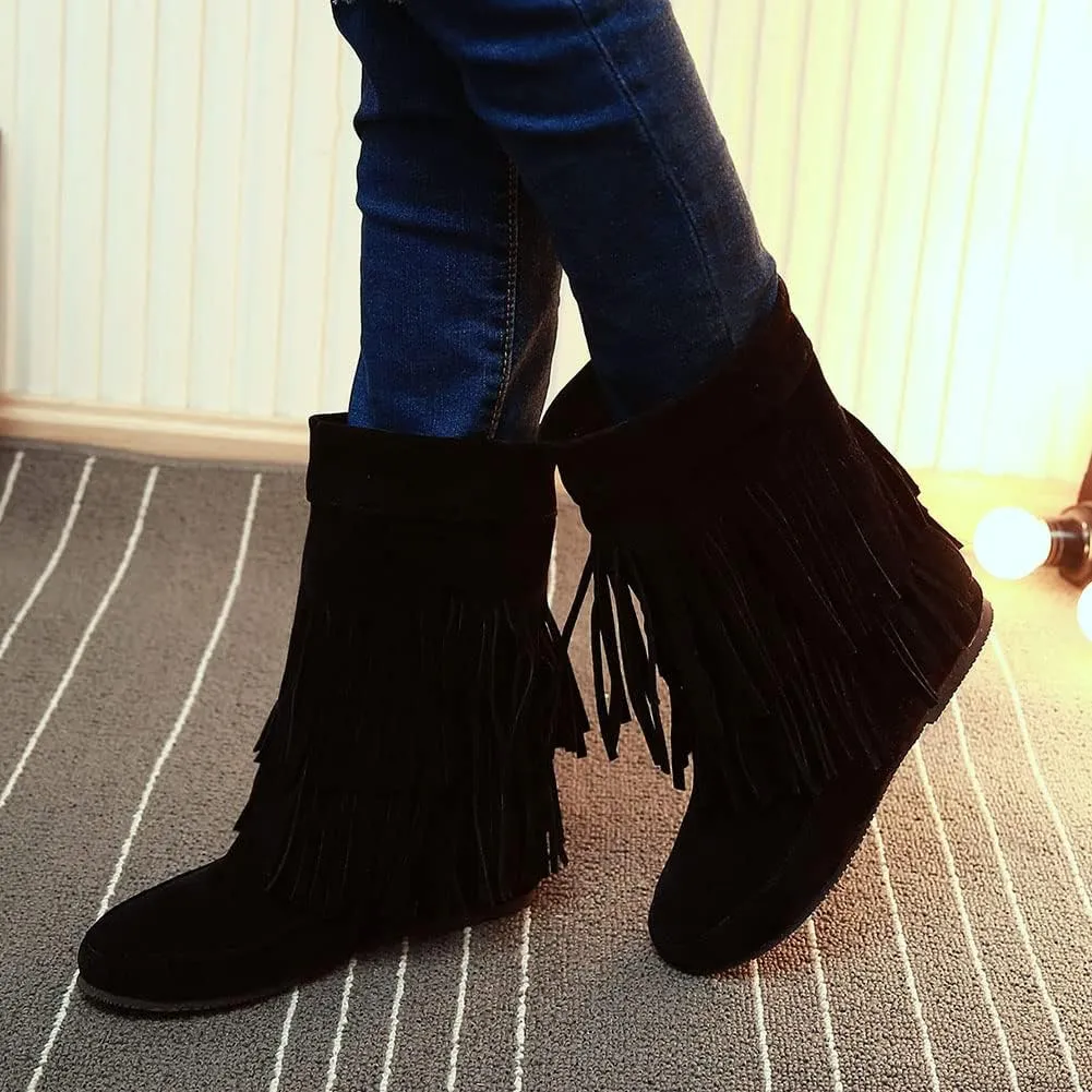 MRKEWUNEY Casual Womens Tassel Booties Low Heel Moccasin Boots