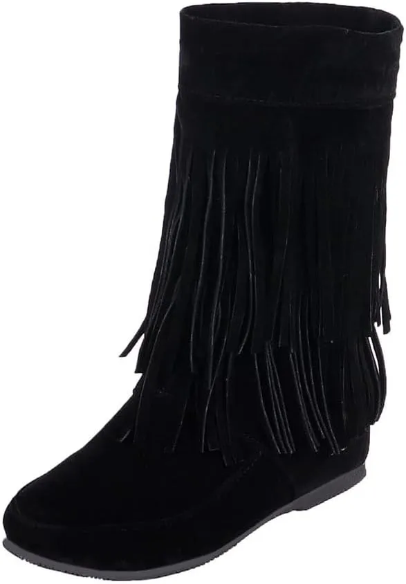 MRKEWUNEY Casual Womens Tassel Booties Low Heel Moccasin Boots