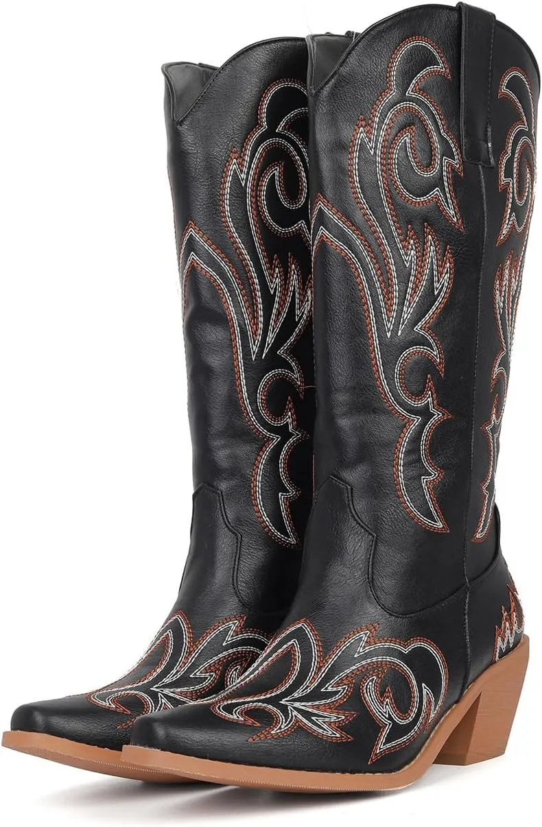 MRKEWUNEY Classic Cowboy Boots for Women Pointed Toe Low Heel Cowgirl Boots US2-US11.5