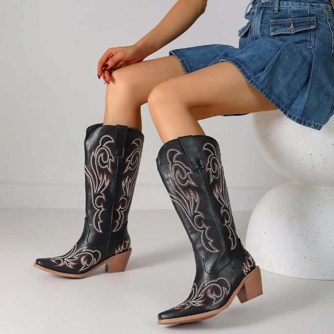 MRKEWUNEY Classic Cowboy Boots for Women Pointed Toe Low Heel Cowgirl Boots US2-US11.5