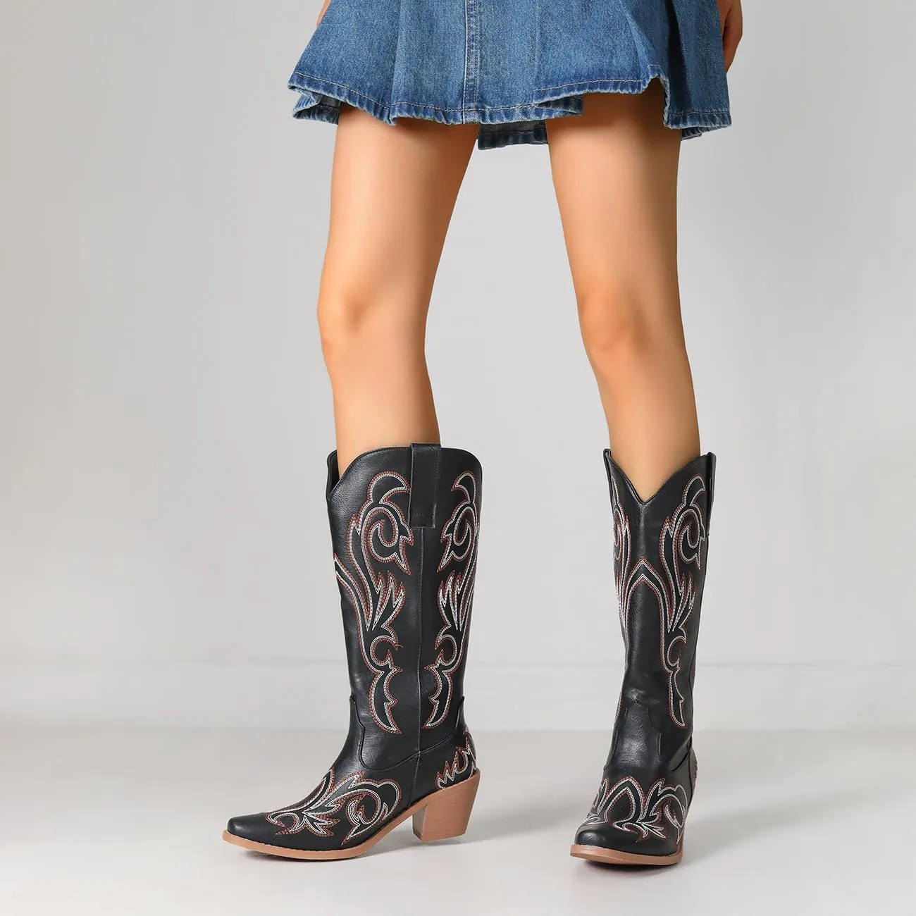 MRKEWUNEY Classic Cowboy Boots for Women Pointed Toe Low Heel Cowgirl Boots US2-US11.5