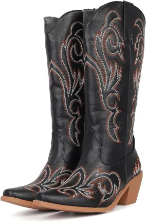 MRKEWUNEY Classic Cowboy Boots for Women Pointed Toe Low Heel Cowgirl Boots US2-US11.5