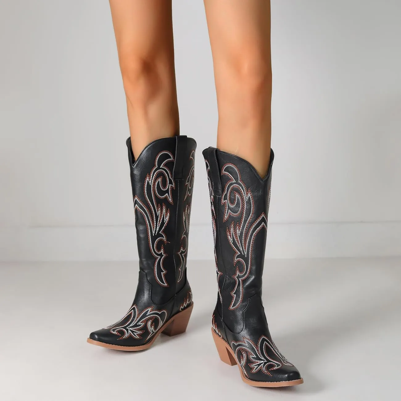 MRKEWUNEY Classic Cowboy Boots for Women Pointed Toe Low Heel Cowgirl Boots US2-US11.5
