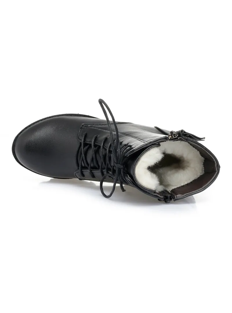 New Genuine Leather Women Boots Natural Wool Warm