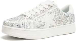 Niluber Star Sneakers for Women Low Top Comfortable Cushioned White Gold Sliver Leopard Platform Sneakers Lace Up Red Glitter Platform Party Shoes