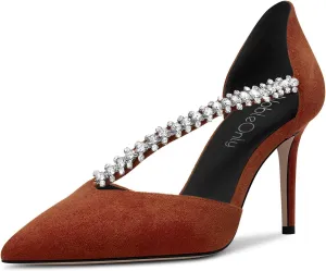 NobleOnly Women Pointed Toe High Heel Two-Piece Slip-on Pumps Rhinestone Crystal Glitter Prom Party Sexy Dress Shoes 3.2 Inches Heels