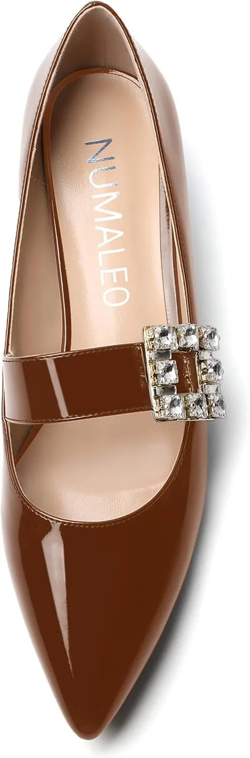 NUMALEO Womens Fashion Dating Bungee Pointed Toe Ankle Strap Rhinestone Solid Patent Chunky Low Heel Pumps Shoes 1.5 Inch