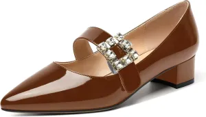NUMALEO Womens Fashion Dating Bungee Pointed Toe Ankle Strap Rhinestone Solid Patent Chunky Low Heel Pumps Shoes 1.5 Inch