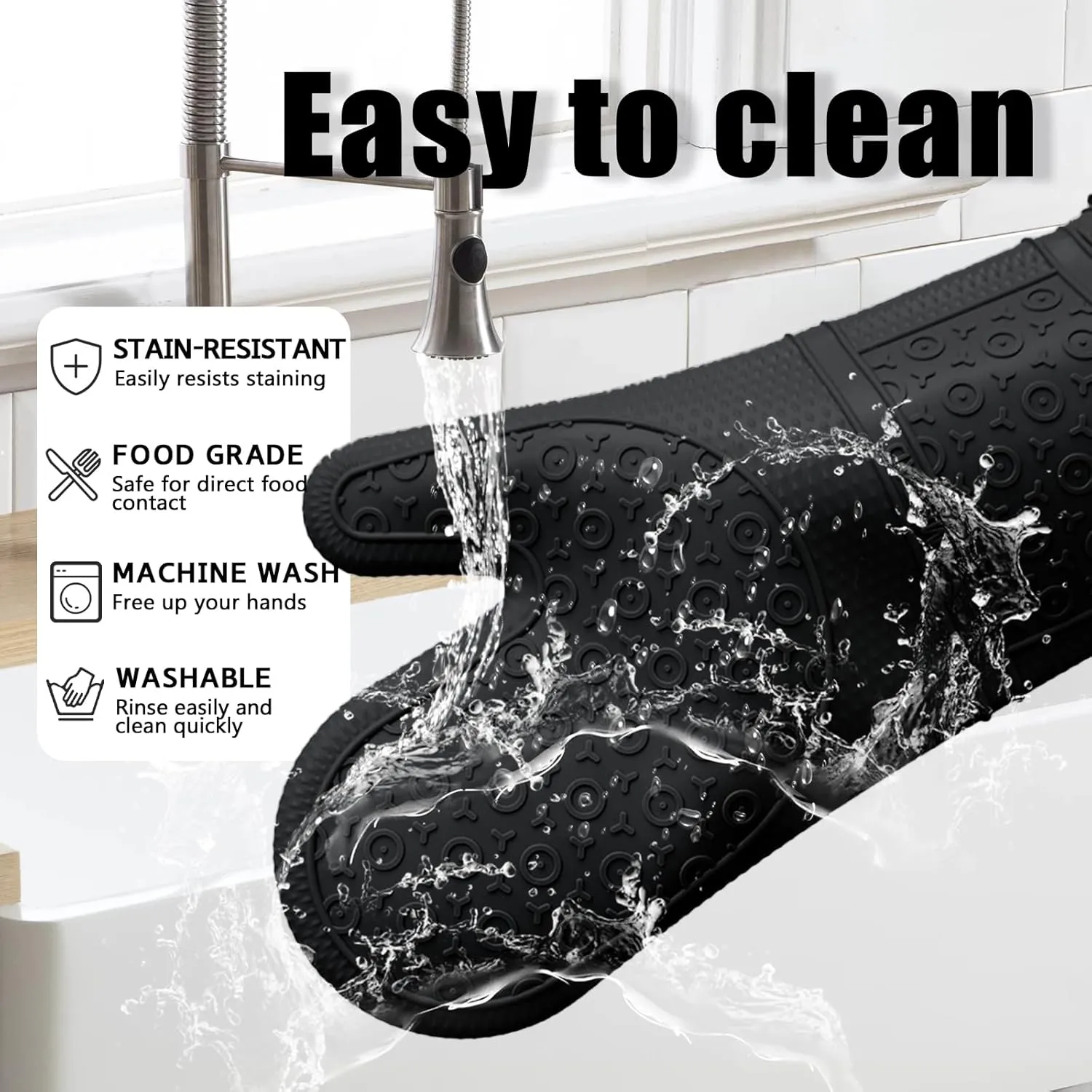 Oven Mitts with Heat-Resistant Hot Pads and Five Silicone Spatulas Designed for Kitchen Baking Cooking, Oven Glove Soft Cotton Lining, Waterproof, BPA-Free (Black, 12.6)