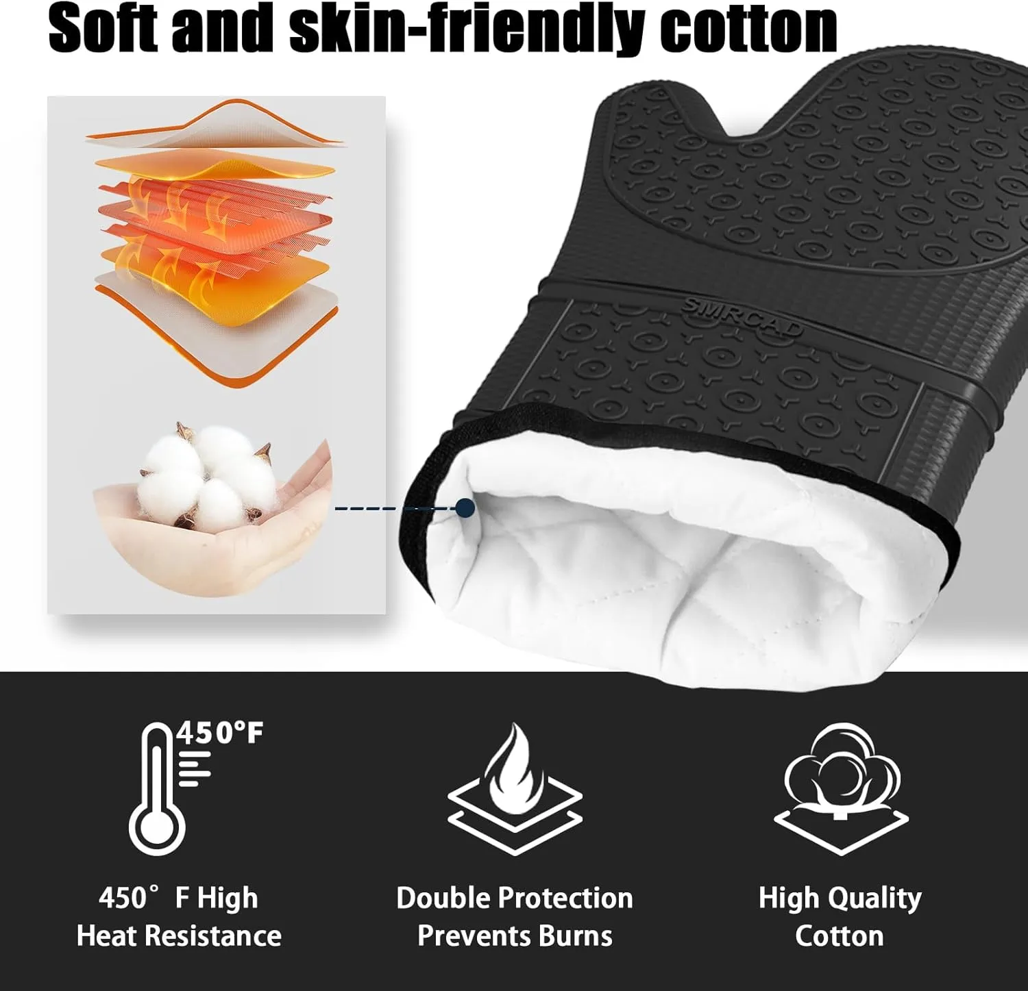 Oven Mitts with Heat-Resistant Hot Pads and Five Silicone Spatulas Designed for Kitchen Baking Cooking, Oven Glove Soft Cotton Lining, Waterproof, BPA-Free (Black, 12.6)