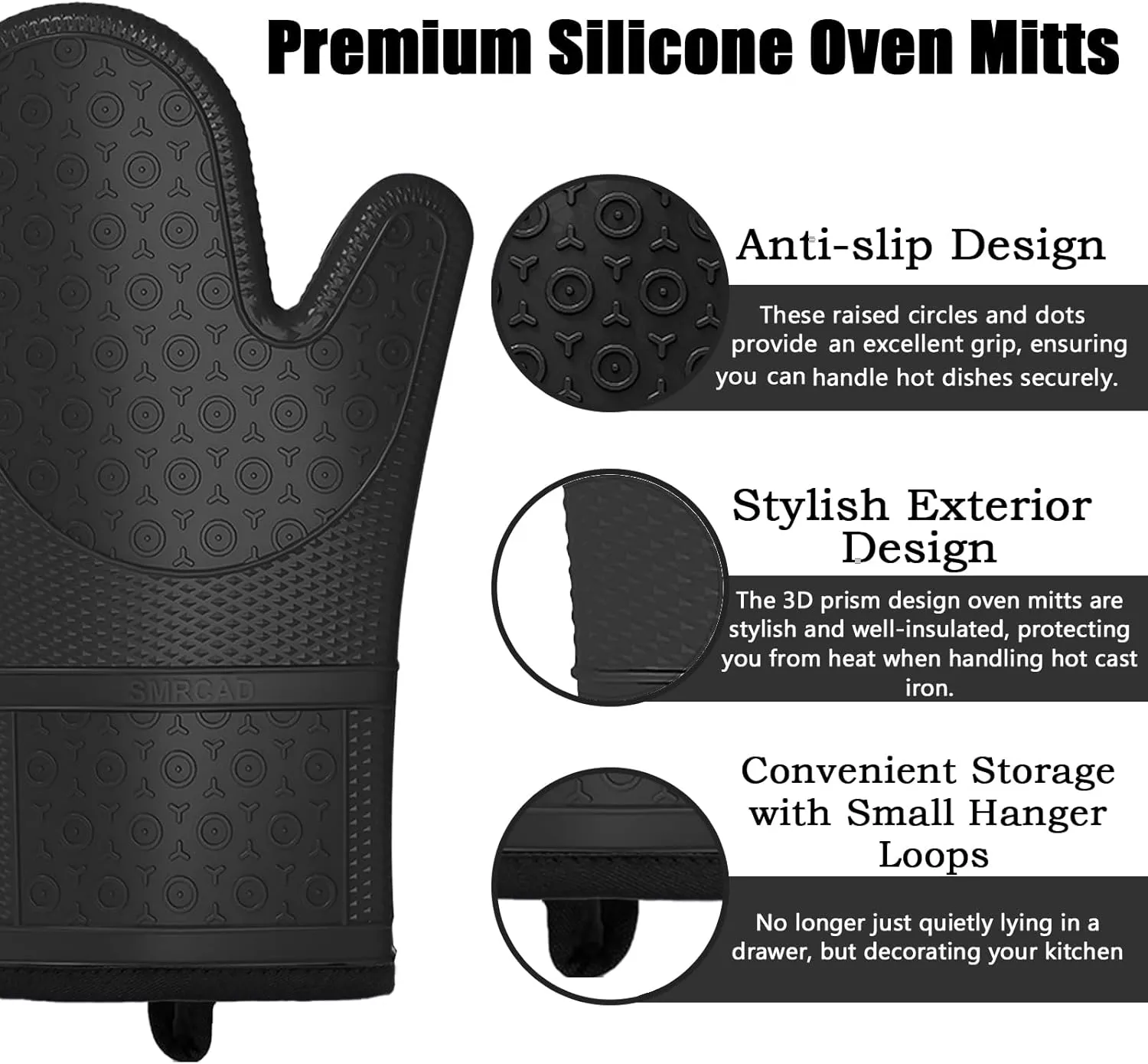 Oven Mitts with Heat-Resistant Hot Pads and Five Silicone Spatulas Designed for Kitchen Baking Cooking, Oven Glove Soft Cotton Lining, Waterproof, BPA-Free (Black, 12.6)