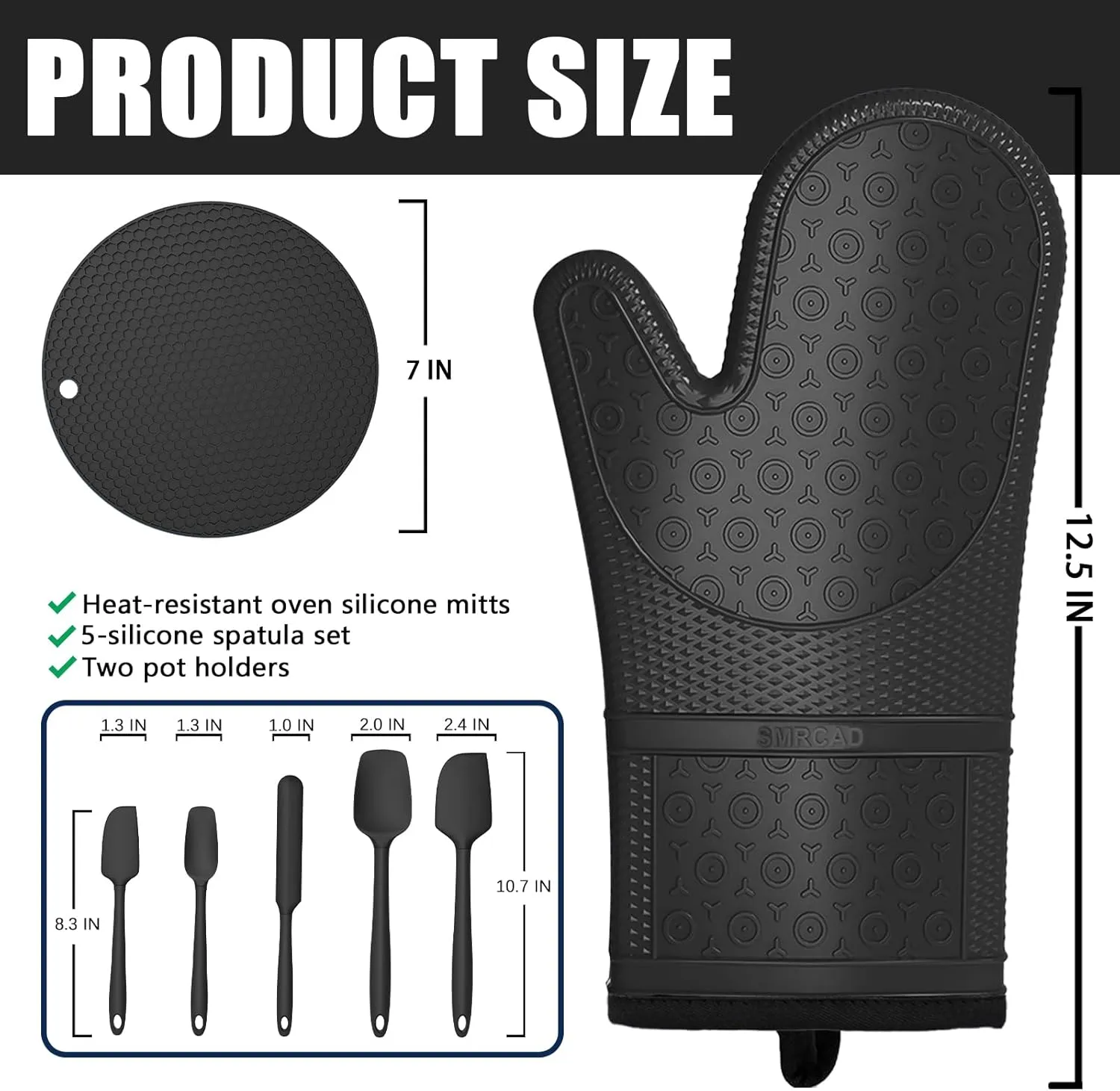 Oven Mitts with Heat-Resistant Hot Pads and Five Silicone Spatulas Designed for Kitchen Baking Cooking, Oven Glove Soft Cotton Lining, Waterproof, BPA-Free (Black, 12.6)