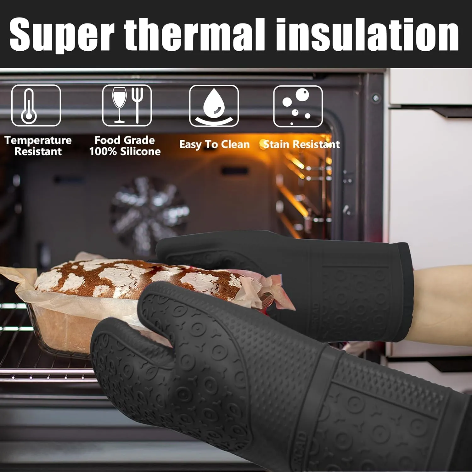 Oven Mitts with Heat-Resistant Hot Pads and Five Silicone Spatulas Designed for Kitchen Baking Cooking, Oven Glove Soft Cotton Lining, Waterproof, BPA-Free (Black, 12.6)
