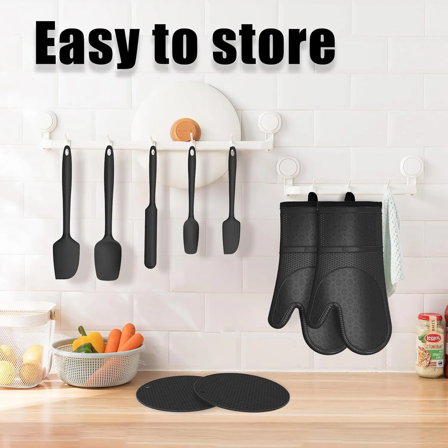 Oven Mitts with Heat-Resistant Hot Pads and Five Silicone Spatulas Designed for Kitchen Baking Cooking, Oven Glove Soft Cotton Lining, Waterproof, BPA-Free (Black, 12.6)