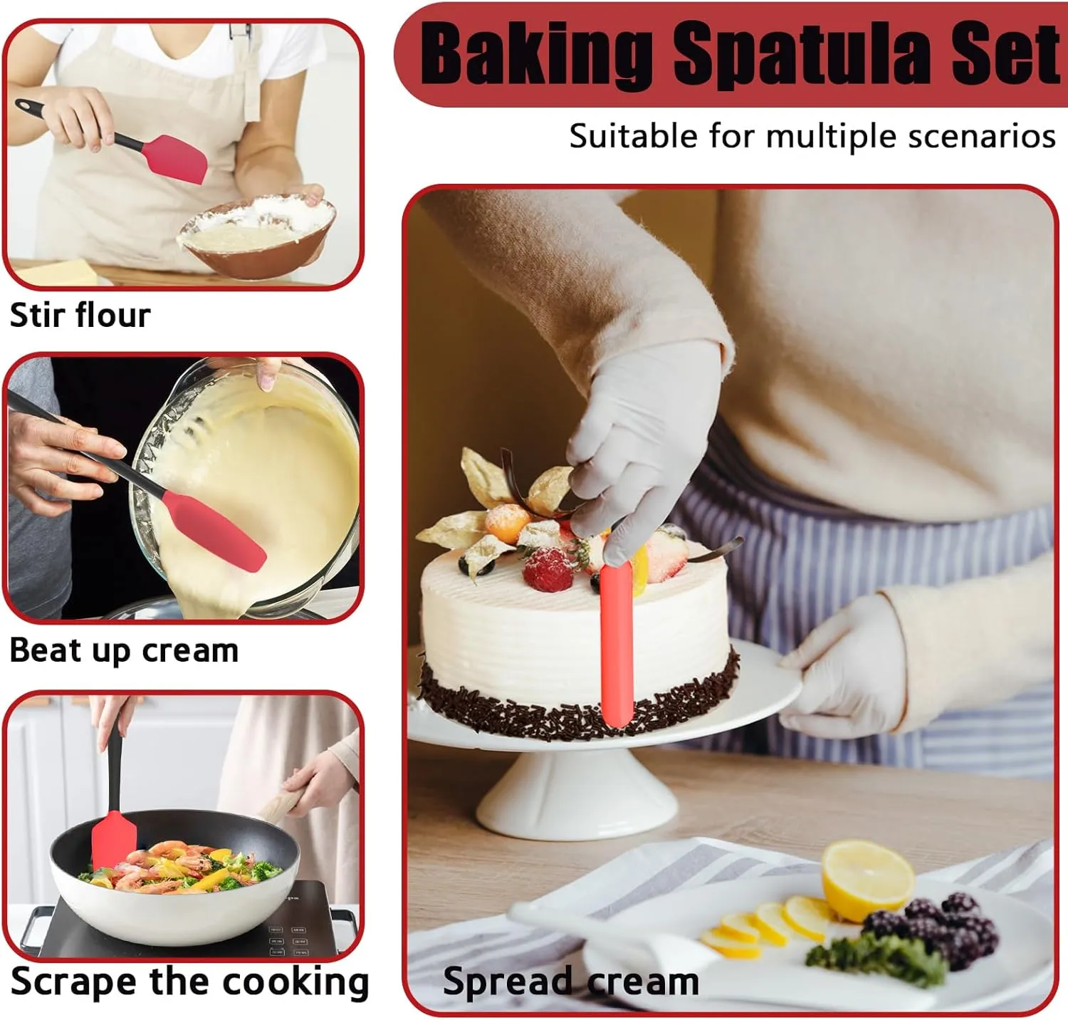 Oven Mitts with Heat-Resistant Hot Pads and Five Silicone Spatulas Designed for Kitchen Baking Cooking, Oven Glove Soft Cotton Lining, Waterproof, BPA-Free (Red, 15.7)