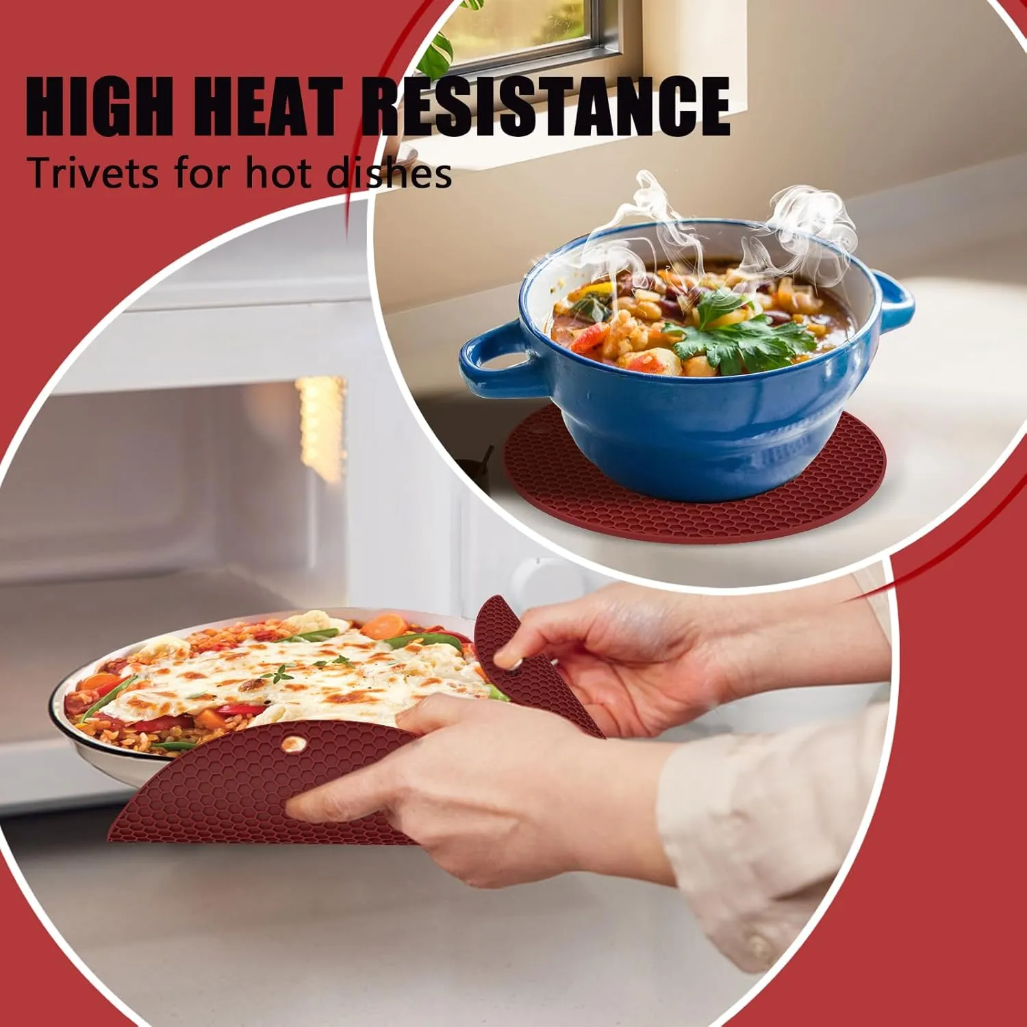 Oven Mitts with Heat-Resistant Hot Pads and Five Silicone Spatulas Designed for Kitchen Baking Cooking, Oven Glove Soft Cotton Lining, Waterproof, BPA-Free (Red, 15.7)