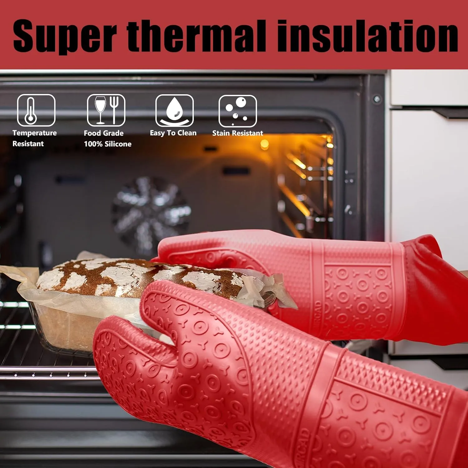 Oven Mitts with Heat-Resistant Hot Pads and Five Silicone Spatulas Designed for Kitchen Baking Cooking, Oven Glove Soft Cotton Lining, Waterproof, BPA-Free (Red, 15.7)