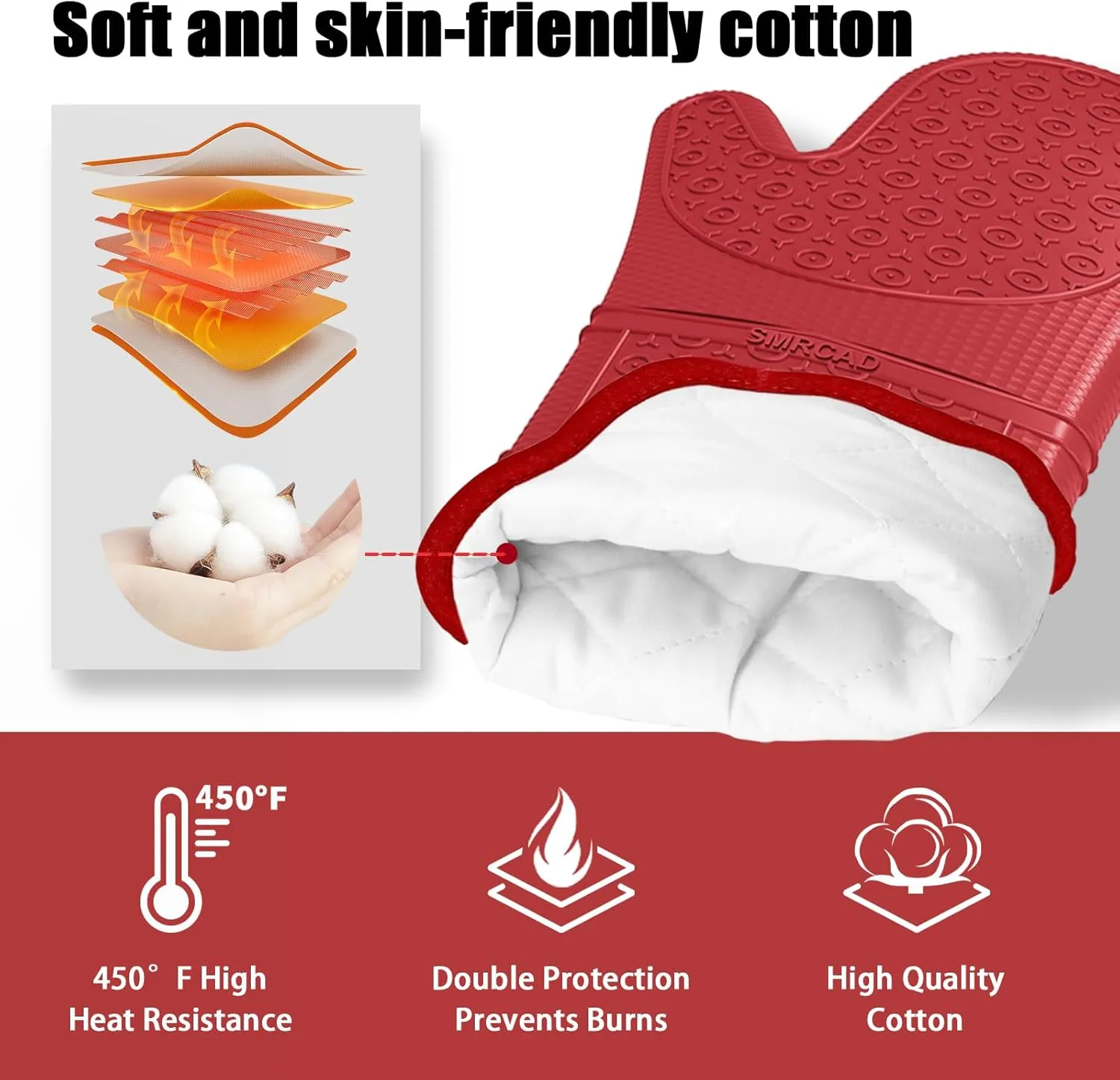 Oven Mitts with Heat-Resistant Hot Pads and Five Silicone Spatulas Designed for Kitchen Baking Cooking, Oven Glove Soft Cotton Lining, Waterproof, BPA-Free (Red, 15.7)
