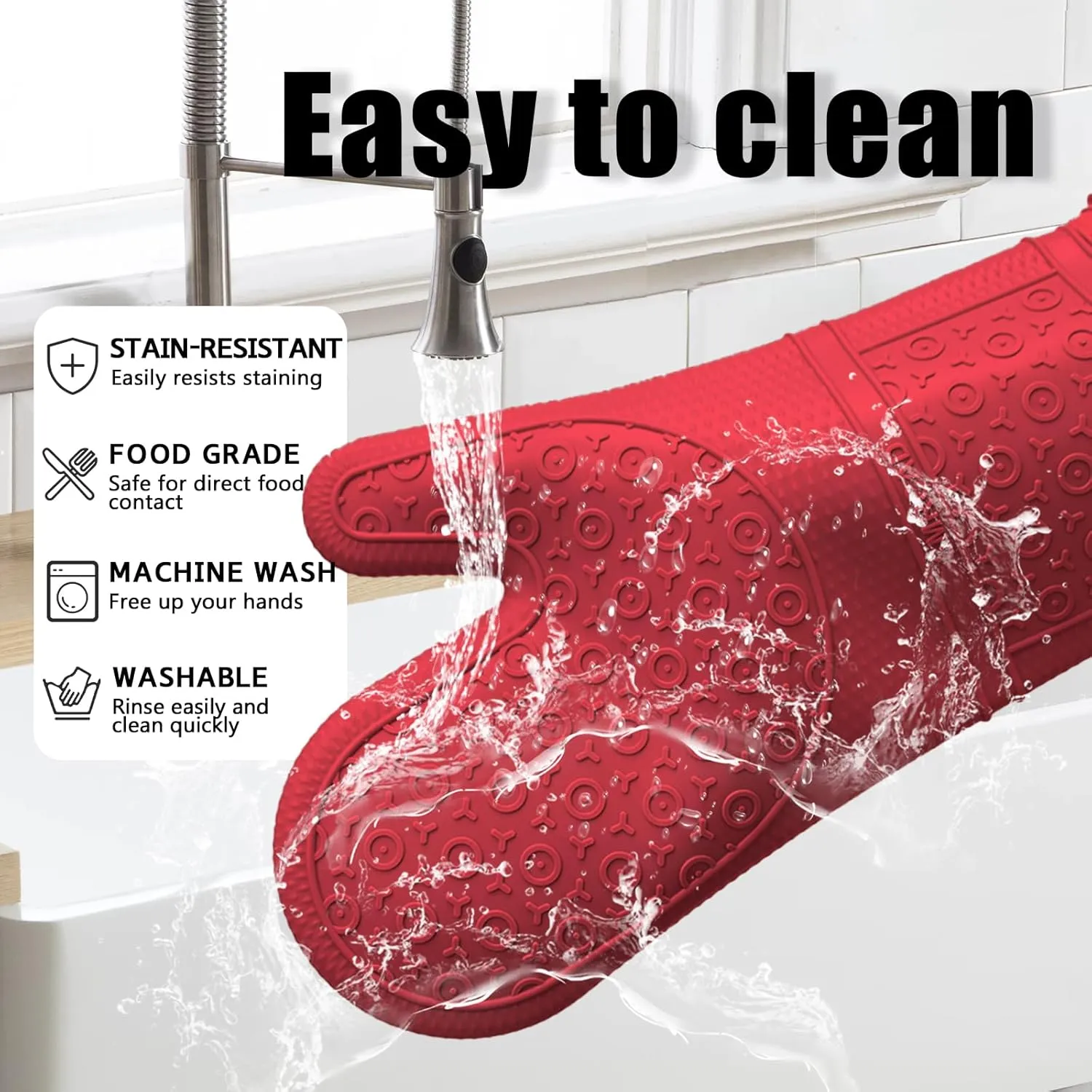 Oven Mitts with Heat-Resistant Hot Pads and Five Silicone Spatulas Designed for Kitchen Baking Cooking, Oven Glove Soft Cotton Lining, Waterproof, BPA-Free (Red, 15.7)