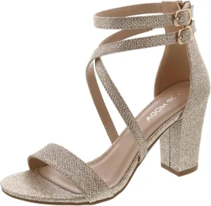 Over the Toe Strap Ankle Wrap Strap Heel Open Toe Block Heel Criss Cross Low, Champagne, 5.5