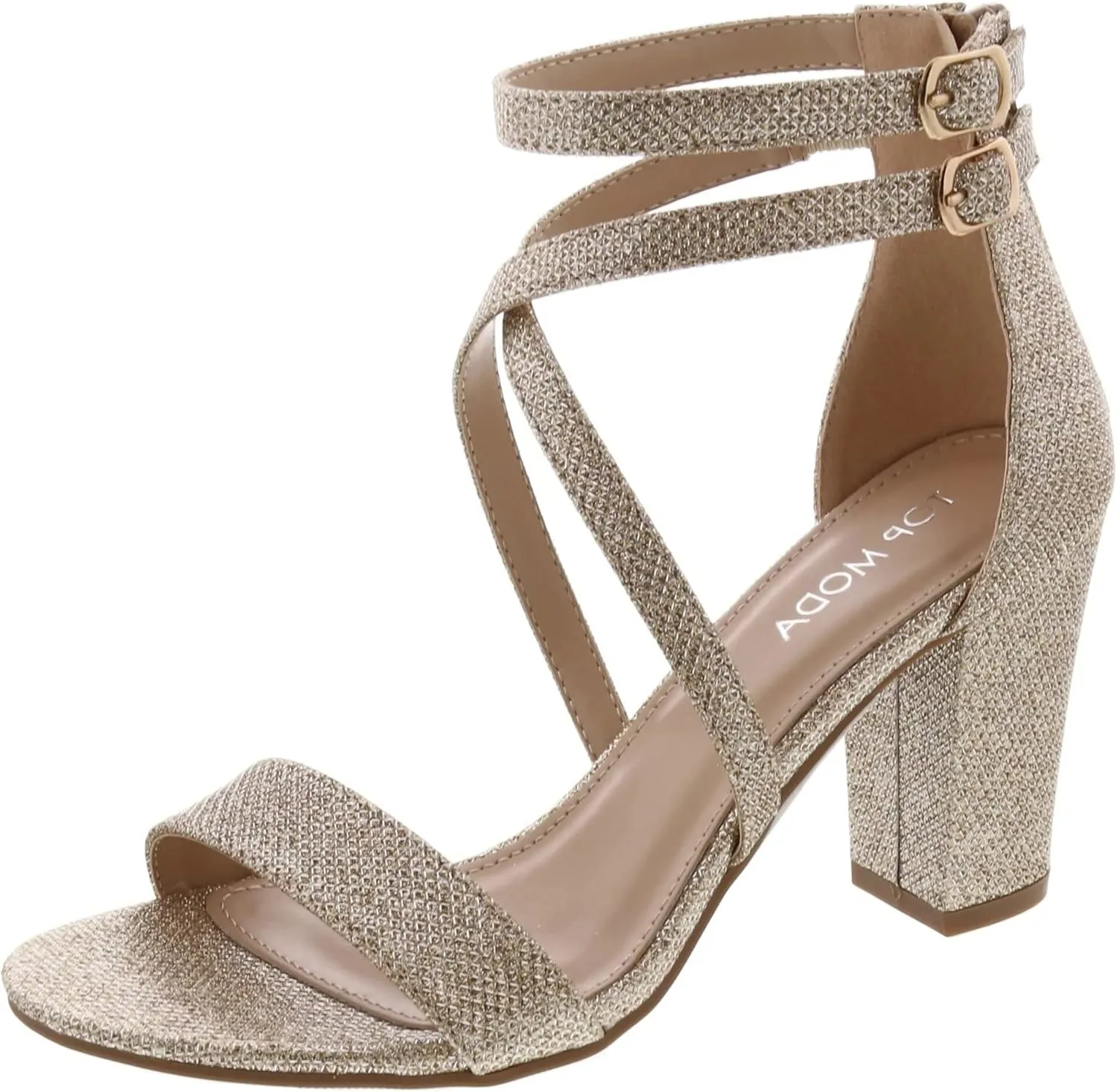 Over the Toe Strap Ankle Wrap Strap Heel Open Toe Block Heel Criss Cross Low, Champagne, 5.5