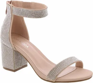 Over the Toe Strap Ankle Wrap Strap Heel Open Toe Block Low Heel Sandal, Nude Rhinestone, 5.5